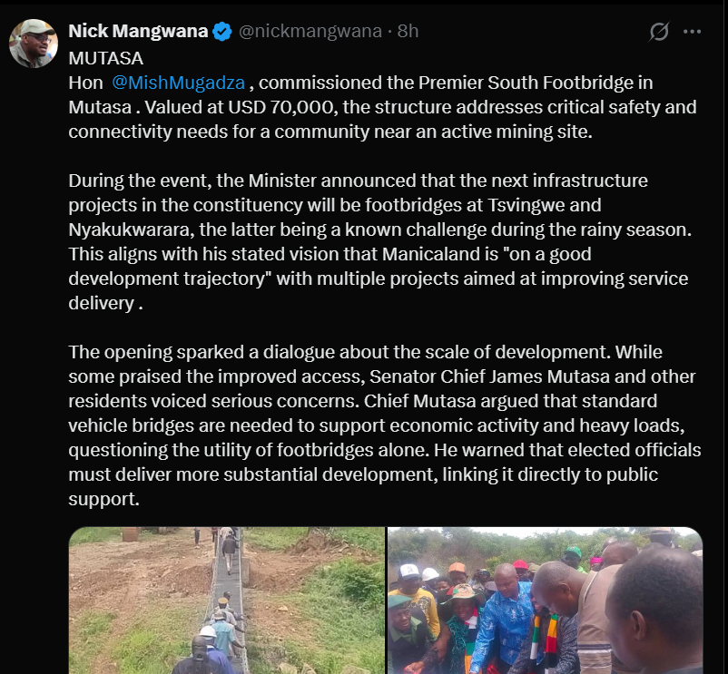 We are on a good development trajectory- Zimbabwe permanent secretary says as he praises newly commissioned footbridge worth $70,000 (N54m) built in Manicaland Province